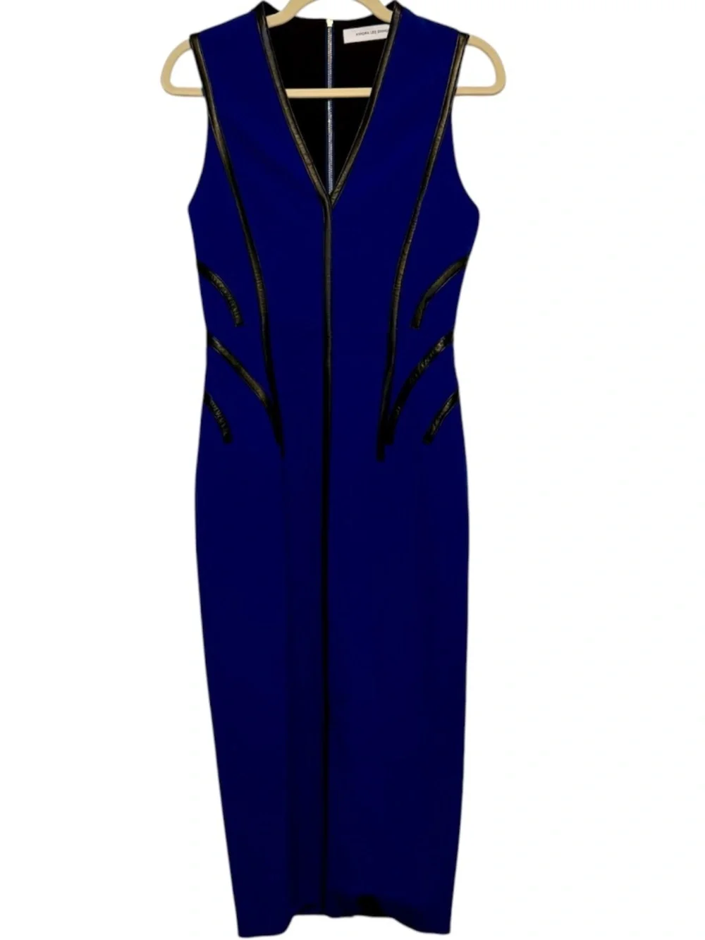 Kimora Lee Simmons Blue Midi Dress Black Leather‎ Trim
